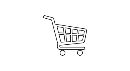 Clean line art icon of an empty shopping cart, representing online shopping, retail, commerce, and e-commerce activities.