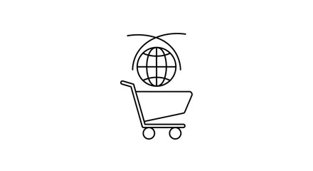 Line art icon showing a shopping cart beneath a globe with arcs, symbolizing global e-commerce, international online shopping, and worldwide trade.
