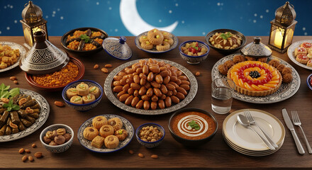 Naklejka premium A vibrant and festive iftar table setting with various dishes and lanterns on a wooden table against a night sky background with a crescent moon.