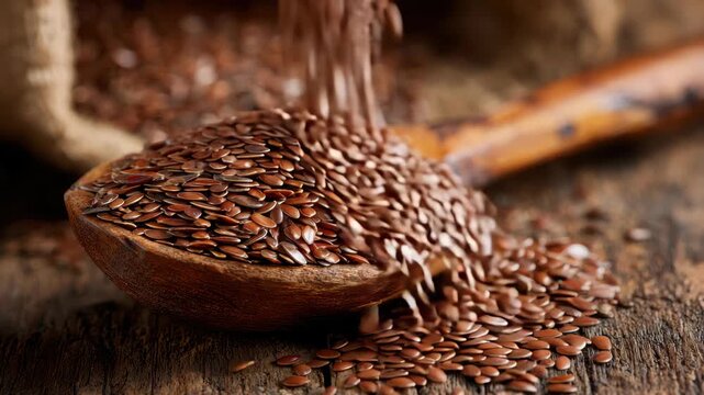 Flax seeds displayed in a wooden spoon on rustic wooden surface in a cozy kitchen setting