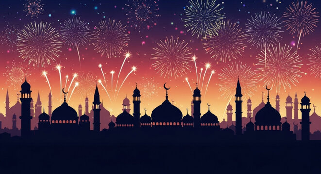 Vibrant mosque silhouette with fireworks display at sunset celebrating ramadan or eid al fitr with colorful sky and festive atmosphere