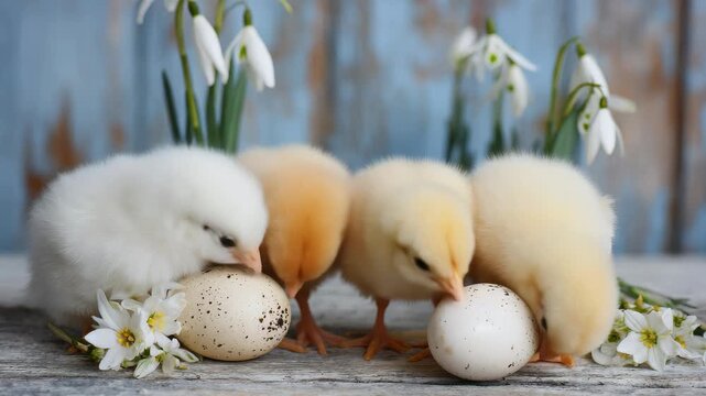 Cute chicks gathered around eggs with flowers in a cozy spring setting