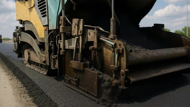 An asphalt paver machine lays fresh, hot asphalt on a road. This industrial equipment works efficiently to create new infrastructure.