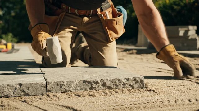 Landscaper laying stone paver for patio construction. Worker installing hardscape block on sand bed. Home improvement project