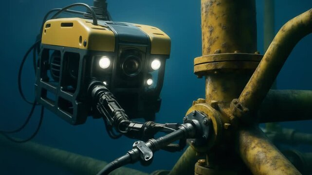 An underwater ROV inspects a subsea oil rig structure. Its robotic arm connects to the yellow pipeline.