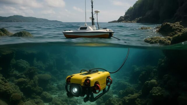 An autonomous vessel surveys the ocean surface. An ROV explores the vibrant coral reef below.