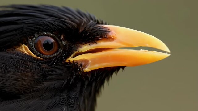 Close-Up Portrait of a Grackle Bird with Black Feathers and a Yellow Beak Profile View in Natural Light Wildlife