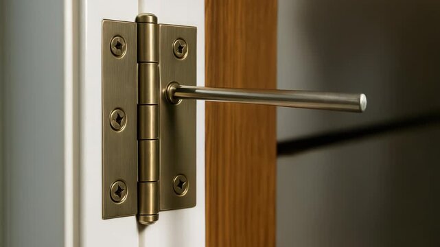 A hand removes a metal pin from a brass door hinge. This action prepares the door for removal or installation.