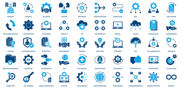 Business Integration icon set. Containing merger, synergy, alliance, network, workflow, ERP, CRM icon. Dual Tone style
