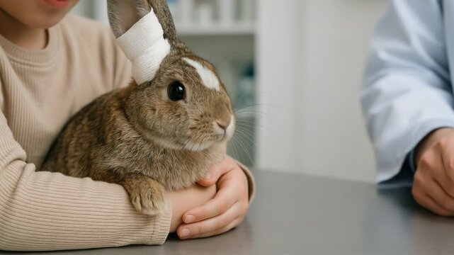 A child gently holds a bandaged rabbit at the veterinary clinic. A caring vet examines the injured pet with concern.