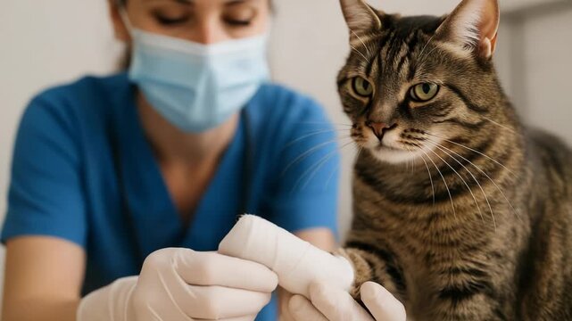 A vet carefully bandages a tabby cat's paw. The feline patient calmly receives medical attention.