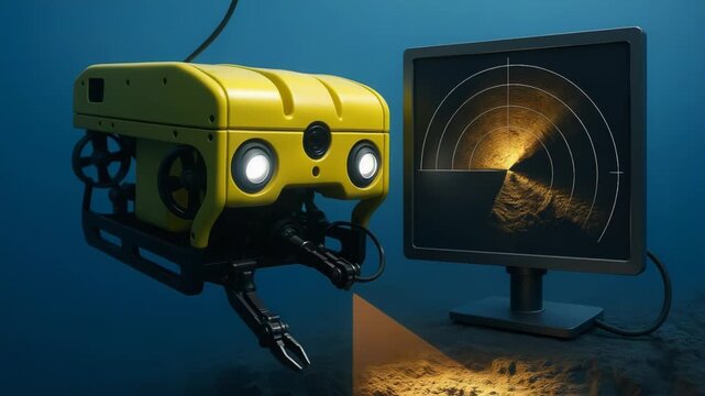 An advanced yellow ROV explores the deep blue ocean floor. Its sonar display reveals the underwater terrain in real-time.