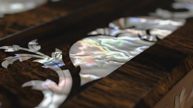 Slow motion close-up pan of mother-of-pearl inlay on dark wood. Ornate, iridescent decorative art piece showcasing meticulous craftsmanship. Antique restoration and luxury interior design concept