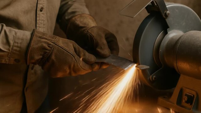A craftsman sharpens metal on a bench grinder. Bright sparks fly during the intense work.