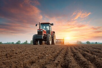 Obraz premium Farmer plows a field at sunset with a red tractor creating agricultural furrows