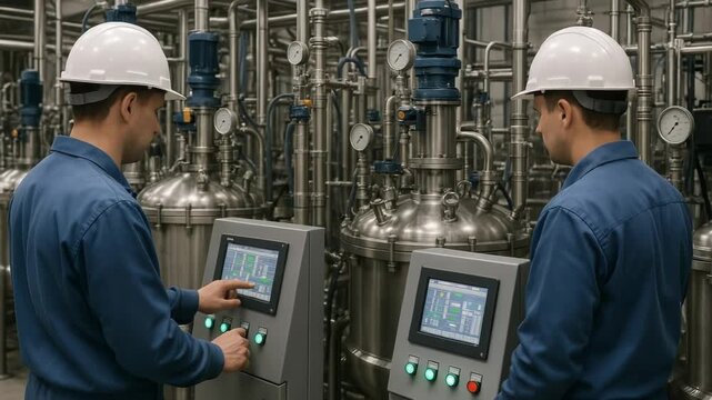 Two engineers operate advanced industrial control panels. They monitor complex machinery in a modern factory setting.