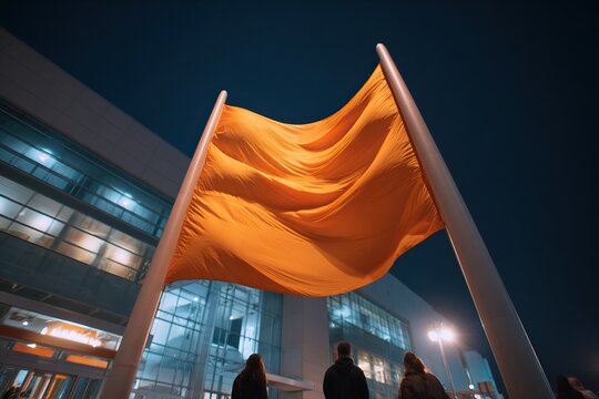 Wavy orange fabric artwork installed on poles in front of a modern building at night