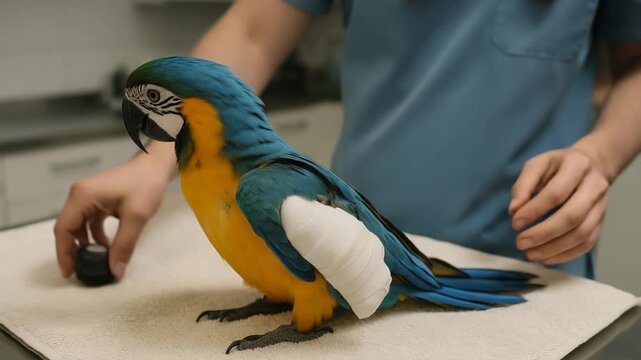 A beautiful macaw parrot receives care for its bandaged wing. A veterinarian gently checks the bird during a clinic visit.