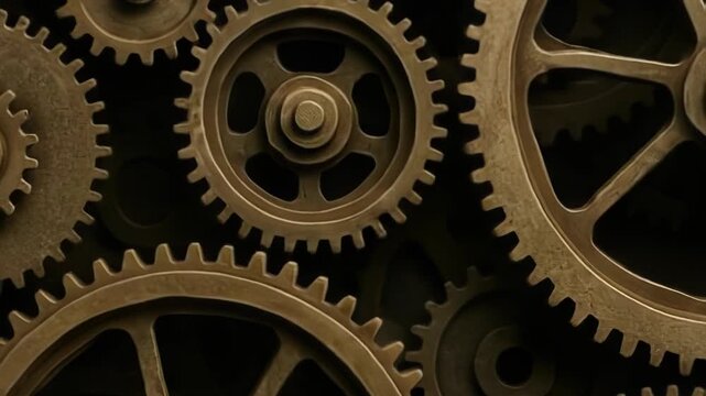 Intricate metal gears turn smoothly in a complex mechanical system. This vintage machinery represents precision, industry, and timeless engineering.