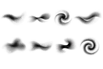 Abstract halftone dot pattern with wavy half tone gradient shapes. Vector set