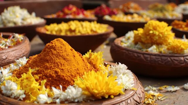 Colorful spices and floral arrangements on display at a vibrant market in India during a festive celebration
