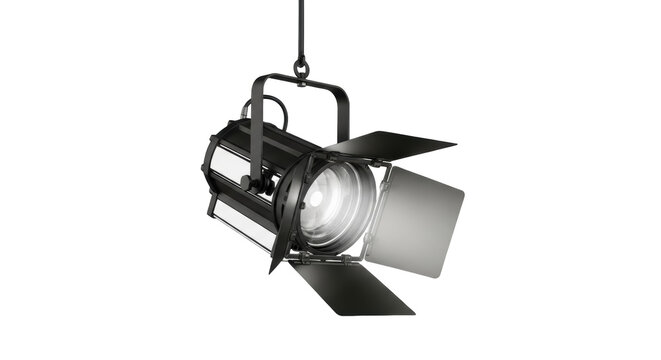 Studio Fresnel spotlight PNG isolated on transparent background, professional stage lighting equipment for film and photography, theatrical light