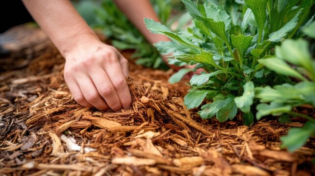 Hand spreading brown wood chip mulch around green plant in garden bed landscaping