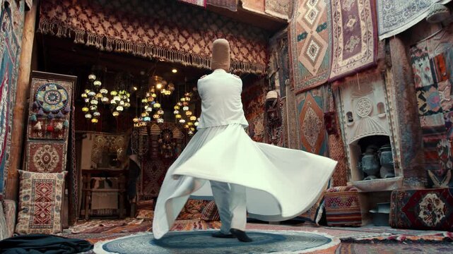 Whirling dervishes performing traditional Sufi dervish dance, spiritual ritual in Turkey