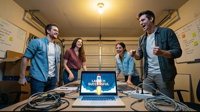 Startup Team High Fiving in Garage Office