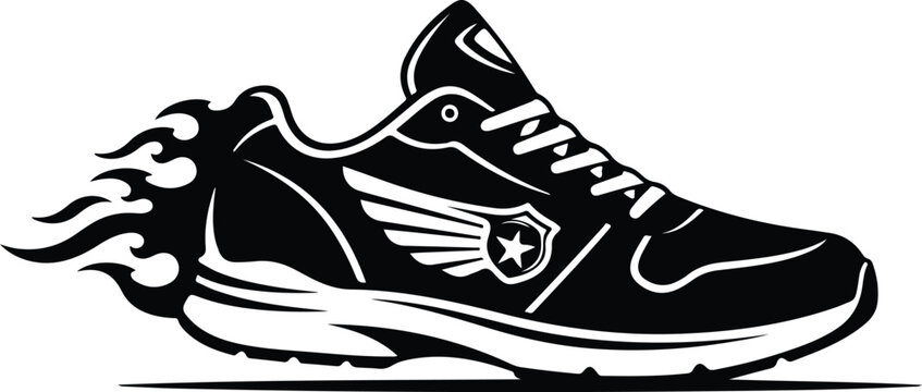Speedy running shoe with flame trail and wing emblem, symbolizing quick movement and athletic performance isolated on transparent background