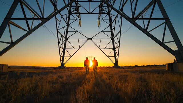 Workers near power tower at sunset