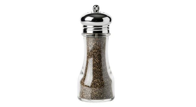 Glass pepper grinder PNG isolated on transparent background, filled with peppercorns for cooking and seasoning food