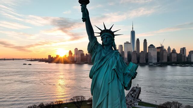 Statue of Liberty at sunset with city skyline