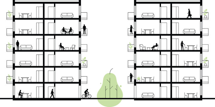 Modern apartment building cross section with people interior rooms balconies urban lifestyle vector illustration architectural concept for housing real estate design presentation