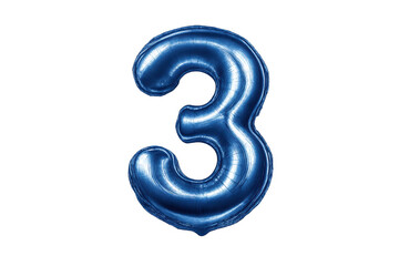 Fototapeta premium Blue metallic foil balloon representing number three on transparent background