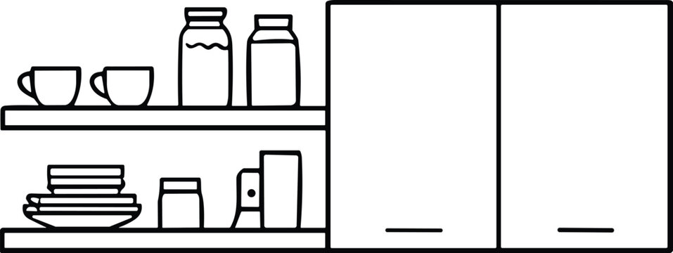 Minimal kitchen cabinet line icon illustration showing shelves cups jars plates appliances modern interior storage furniture outline design isolated vector black white