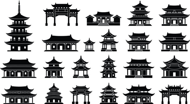 Traditional Asian pagoda temple silhouettes collection featuring Chinese Japanese architecture buildings icons isolated black vector illustration set design elements historic cultural landmarks