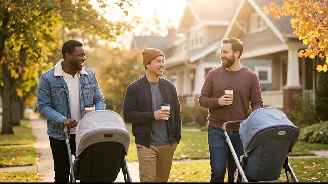 Diverse Dads Pushing Strollers Together Outdoors