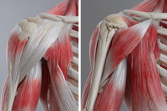 Detailed anatomical comparison of healthy and injured human shoulder joints, showcasing muscles, bones, and rotator cuff structures.