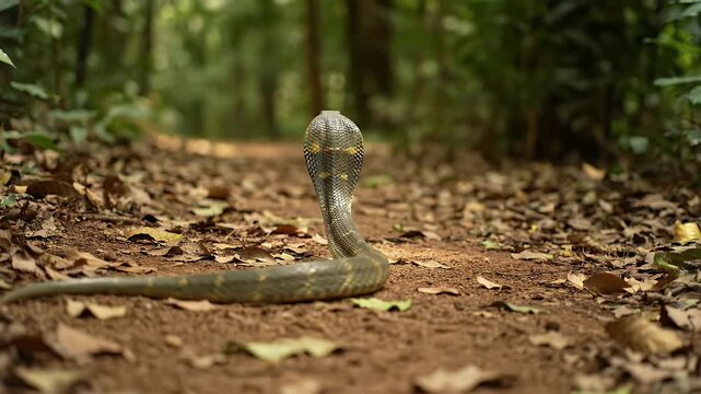 Cobra Snake Raising Head in Forest With Leaf Litter Ground Close Up View For Science Education and Wildlife Campaign