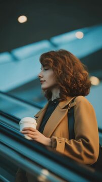 Young woman with curly hair holding a coffee cup on an escalator, looking thoughtfully into the distance