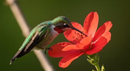 Obraz premium A hummingbird, iridescent green and red, probes a bright red flower for nectar