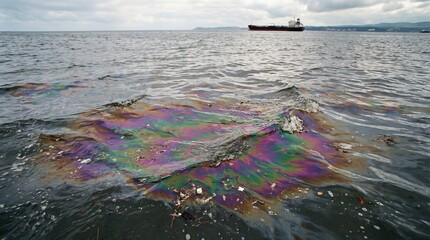 Fototapeta premium Rainbow colored oil slick pollutes sea water with a tanker ship in the distance under cloudy skies