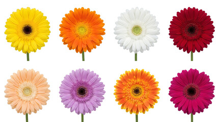 Gerbera daisy flower set including yellow, orange, white, red, pink, and purple blooming heads isolated. Floral design and botanical collection.