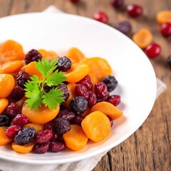 Colorful dried fruit assortment with apricots, cranberries, raisins, and parsley on wooden surface