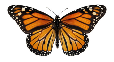Fototapeta premium Monarch butterfly PNG isolated on transparent background, orange and black insect with white spots for nature and wildlife designs