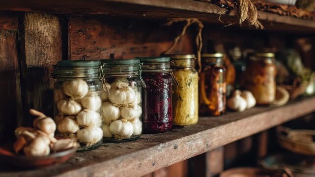 Rustic kitchen shelf displaying jars of preserved food and fresh garlic bulbs in a cozy setting