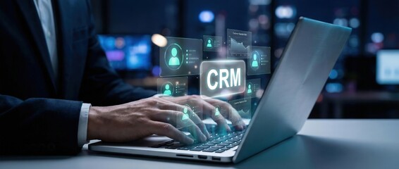 Fototapeta premium Businessman using laptop with CRM interface, managing customer data and analytics in modern office at night Concept of business, technology, and digital marketing