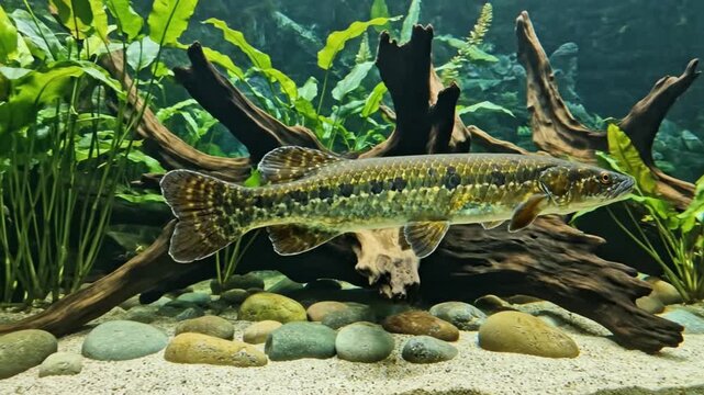 A magnificent freshwater fish with striking, mottled patterned scales gracefully glides through its meticulously crafted aquatic environment. The serene underwater scene reveals intricate details of i