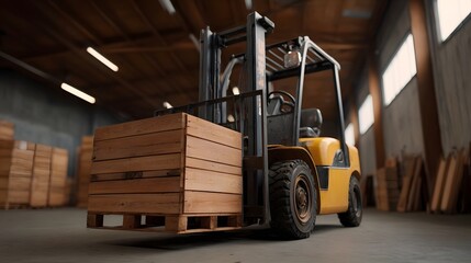 Naklejka premium A yellow forklift lifts a wooden pallet stacked with crates inside a spacious industrial warehouse illustrating material handling and logistics